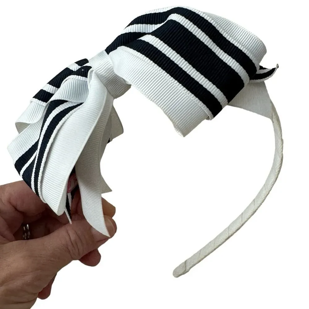 Vineyard Vines Navy Blue and White Bow Headband with VV Whale in Pink